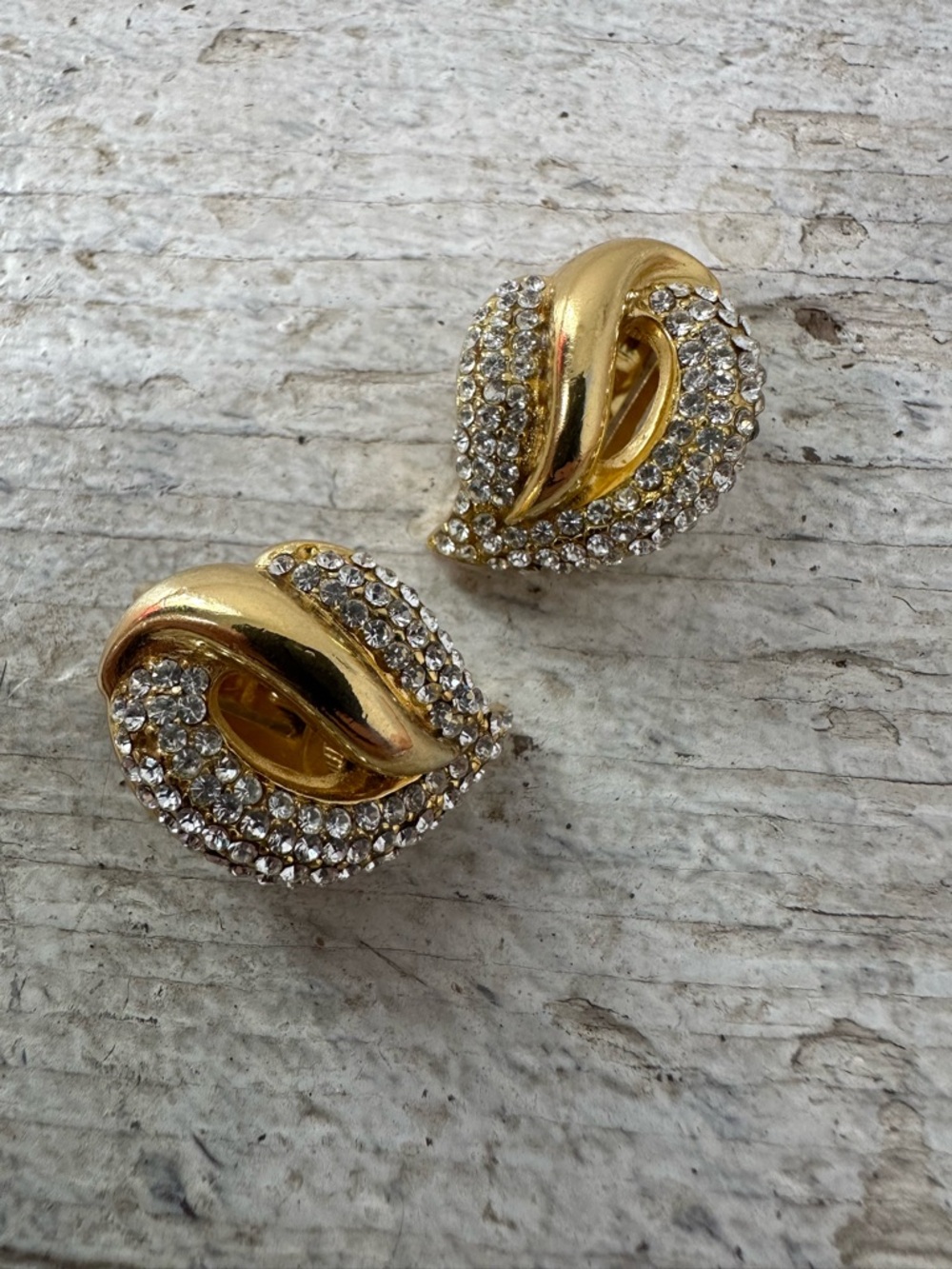 Vintage Christian Dior Pave Rhinestone Gold Tone Clip On Earrings - Picture 1 of 12